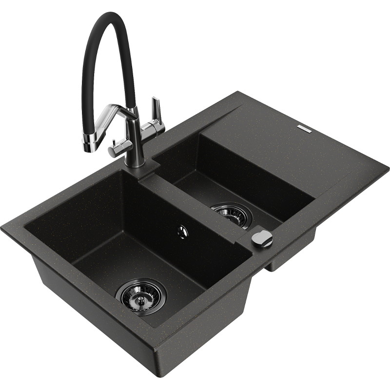 Mexen Gaspar 1.5-bowl granite sink with drainer and Duo kitchen faucet, black/gold metallic - 6507-75-671701-07-B