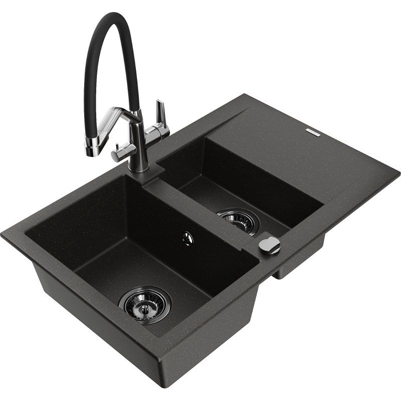 Mexen Gaspar 1.5-bowl granite sink with drainer and Duo kitchen tap, black/gold metallic - 6507-75-671701-07-B