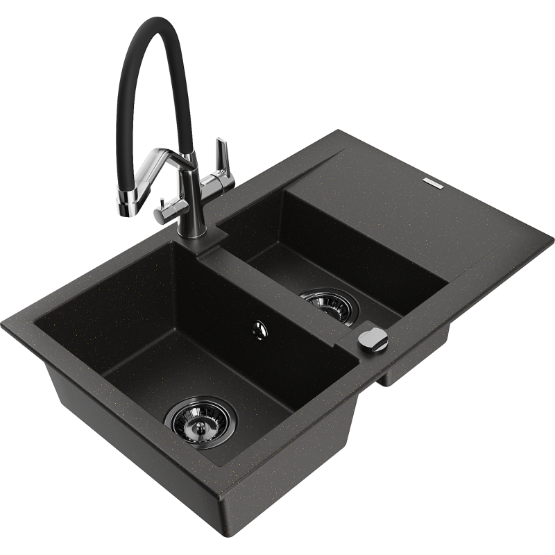 Mexen Gaspar 1.5-compartment granite sink with a drip tray and kitchen mixer tap Duo, Black/ gold metallic - 6507-75-671701-07-B