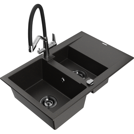 Mexen Gaspar 1.5-bowl granite sink with drainer and Duo kitchen faucet, black/gold metallic - 6507-75-671701-07-B