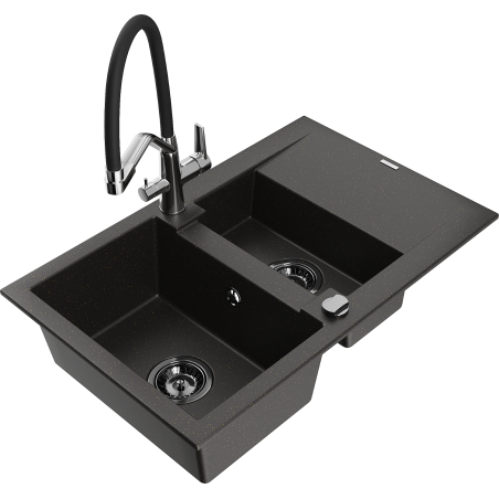 Mexen Gaspar 1.5-bowl granite sink with drainer and Duo kitchen tap, black/gold metallic - 6507-75-671701-07-B