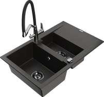 Mexen Gaspar granite sink 1.5-bowl with drainer and kitchen faucet Duo, black/gold metallic - 6507-75-671701-07-B
