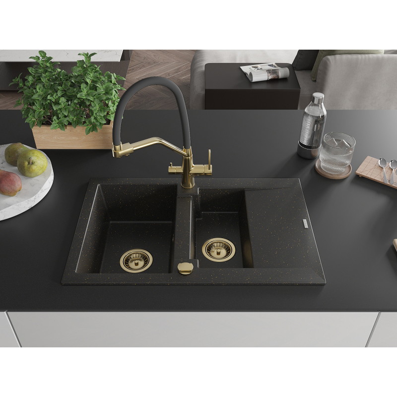 Mexen Gaspar granite sink 1.5-bowl with drainer and Duo kitchen faucet, black/golden metallic - 6507-75-671701-57-G