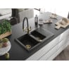 Mexen Gaspar granite kitchen sink 1.5-bowl with drainer and Duo kitchen tap, black/gold metallic - 6507-75-671701-57-G