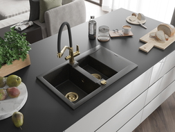 Mexen Gaspar 1.5-compartment granite sink with a drip tray and kitchen mixer tap Duo, Black/ gold metallic - 6507-75-671701-57-G