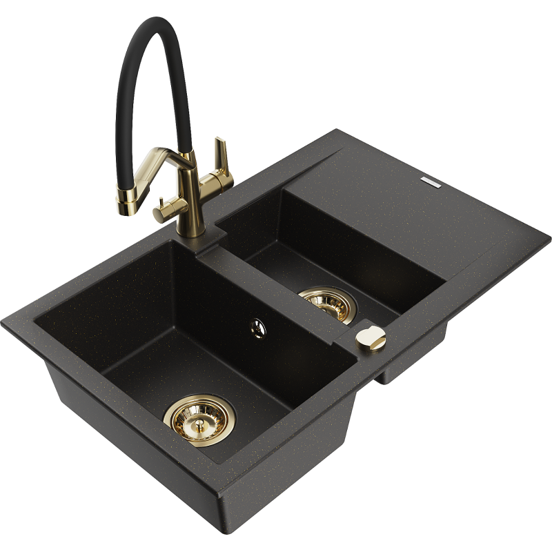 Mexen Gaspar granite kitchen sink 1.5-bowl with drainer and Duo kitchen tap, black/gold metallic - 6507-75-671701-57-G
