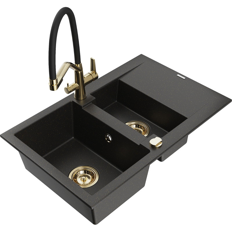 Mexen Gaspar granite sink 1.5-bowl with drainer and Duo kitchen faucet, black/golden metallic - 6507-75-671701-57-G