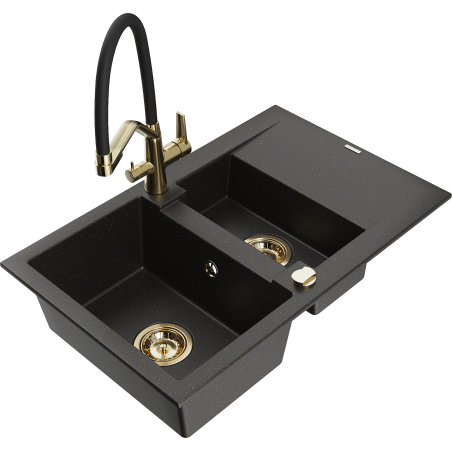 Mexen Gaspar granite kitchen sink 1.5-bowl with drainer and Duo kitchen tap, black/gold metallic - 6507-75-671701-57-G