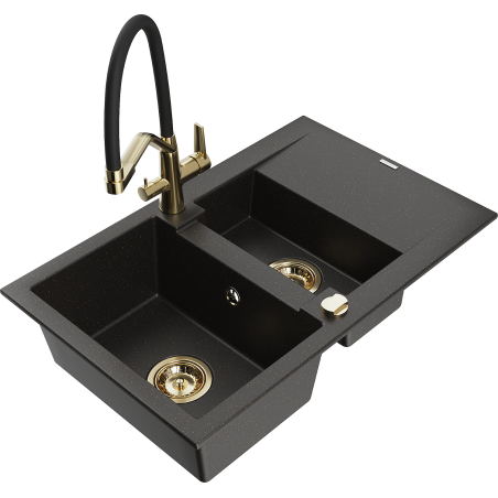 Mexen Gaspar granite sink 1.5-bowl with drainer and Duo kitchen faucet, black/golden metallic - 6507-75-671701-57-G