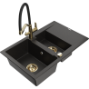 Mexen Gaspar 1.5-bowl granite sink with drainer and Duo kitchen faucet, black/gold metallic - 6507-75-671701-57-G
