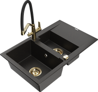 Mexen Gaspar 1.5-bowl granite sink with drainer and Duo kitchen faucet, black/gold metallic - 6507-75-671701-57-G
