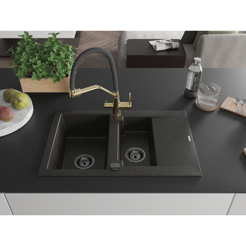 Mexen Gaspar granite sink 1.5-bowl with drainer and Duo kitchen faucet, black/gold metallic - 6507-75-671701-57-B