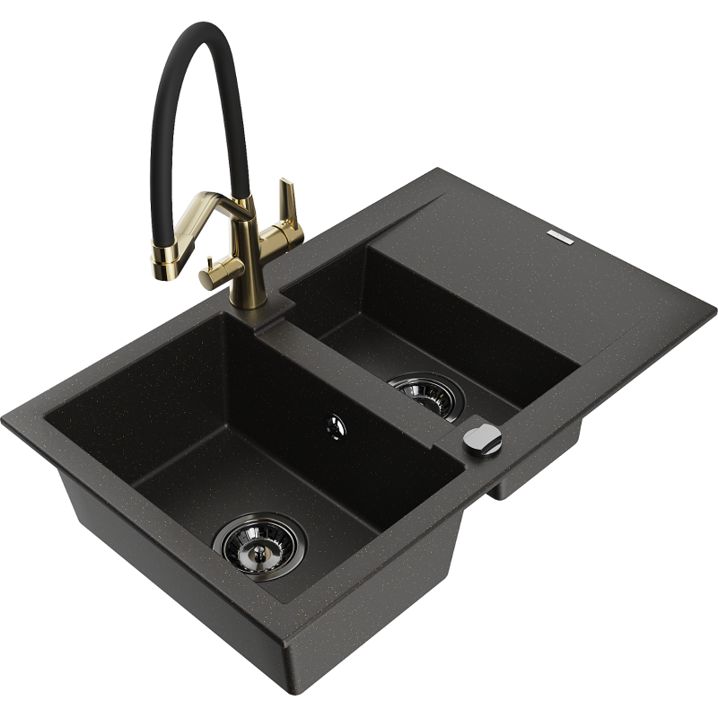 Mexen Gaspar 1.5-bowl granite sink with drainer and Duo kitchen tap, black/gold metallic - 6507-75-671701-57-B