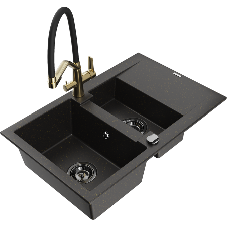 Mexen Gaspar 1.5-bowl granite sink with drainer and Duo kitchen tap, black/gold metallic - 6507-75-671701-57-B