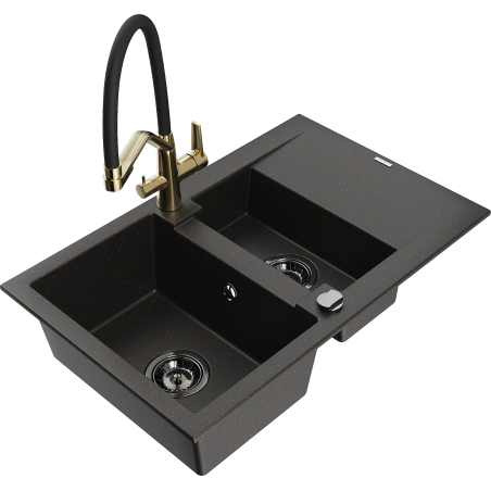 Mexen Gaspar 1.5-compartment granite sink with a drip tray and kitchen mixer tap Duo, Black/ gold metallic - 6507-75-671701-57-B