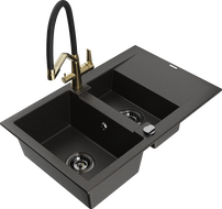 Mexen Gaspar 1.5-bowl granite sink with drainer and Duo kitchen tap, black/gold metallic - 6507-75-671701-57-B