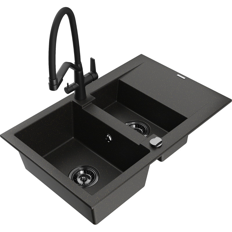 Mexen Gaspar granite sink 1.5-bowl with drainer and Duo kitchen faucet, black/gold metallic - 6507-75-671701-70-B
