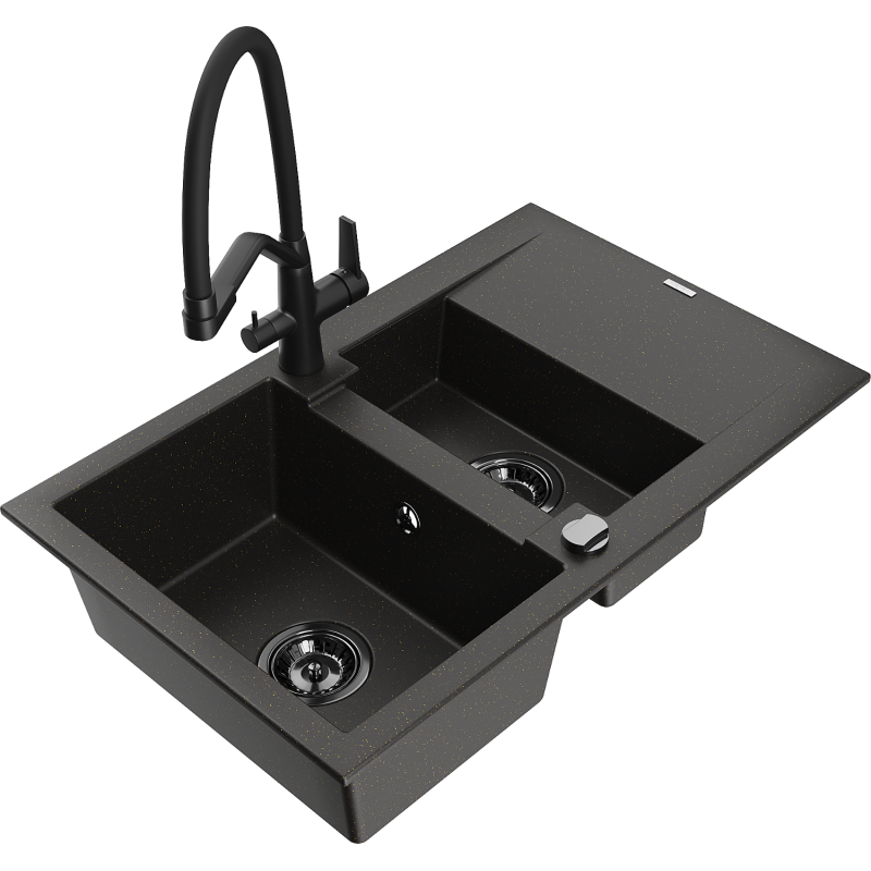 Mexen Gaspar granite sink 1.5-bowl with drainer and Duo kitchen tap, black/gold metallic - 6507-75-671701-70-B
