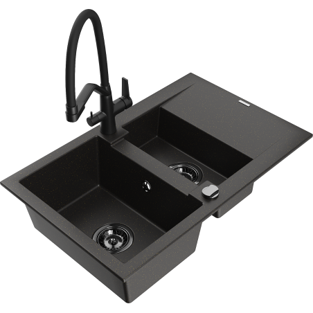 Mexen Gaspar 1.5-Bowl Granite Sink with Drainer and Duo Kitchen Faucet, Black/Gold Metallic - 6507-75-671701-70-B