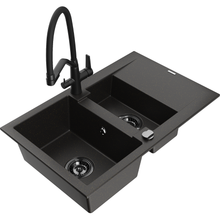 Mexen Gaspar granite sink 1.5-bowl with drainer and Duo kitchen tap, black/gold metallic - 6507-75-671701-70-B
