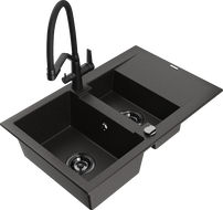 Mexen Gaspar 1.5-Bowl Granite Sink with Drainer and Duo Kitchen Faucet, Black/Gold Metallic - 6507-75-671701-70-B