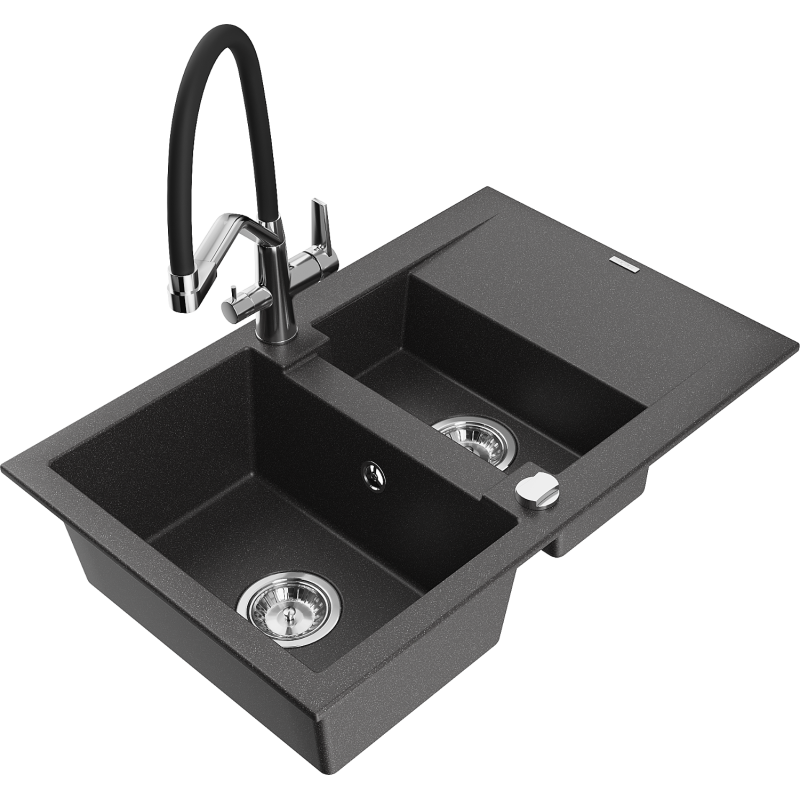Mexen Gaspar 1.5-bowl granite kitchen sink with drainer and Duo kitchen tap, black speckled - 6507-76-671701-07