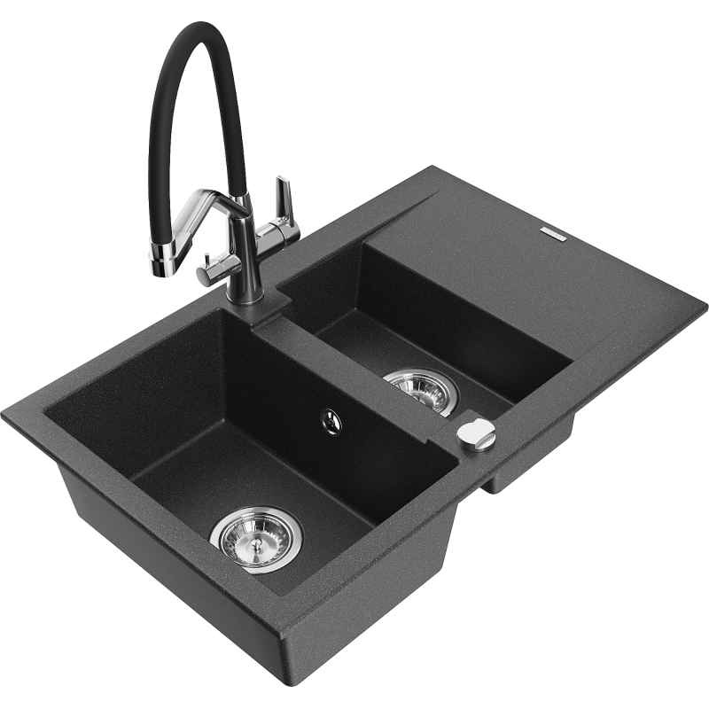 Mexen Gaspar 1.5-compartment granite sink with a drip tray and kitchen mixer tap Duo, Spotted black - 6507-76-671701-07