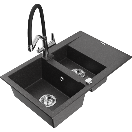 Mexen Gaspar 1.5-bowl granite kitchen sink with drainer and Duo kitchen tap, black speckled - 6507-76-671701-07