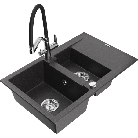Mexen Gaspar 1.5-compartment granite sink with a drip tray and kitchen mixer tap Duo, Spotted black - 6507-76-671701-07