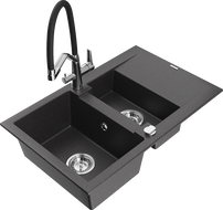 Mexen Gaspar 1.5-bowl granite kitchen sink with drainer and Duo kitchen tap, black speckled - 6507-76-671701-07
