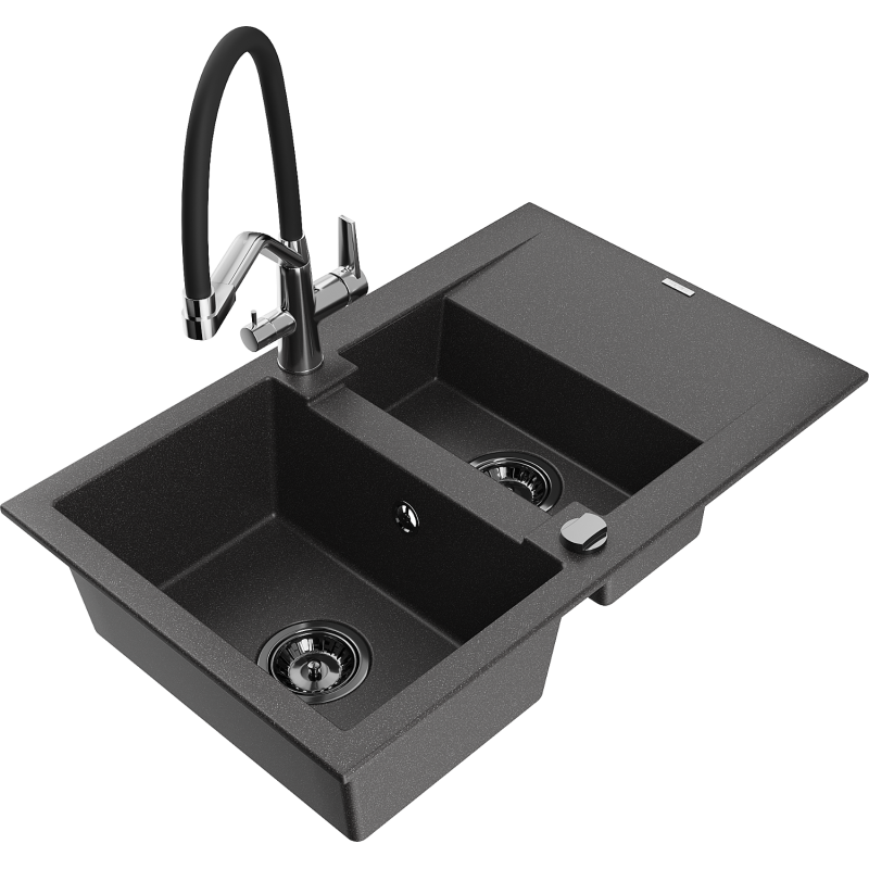 Mexen Gaspar 1.5-compartment granite sink with a drip tray and kitchen mixer tap Duo, Spotted black - 6507-76-671701-07-B