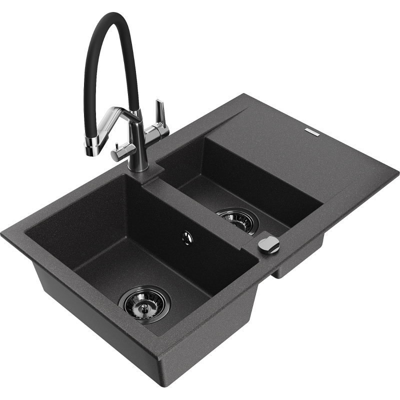 Mexen Gaspar granite sink 1.5-bowl with drainer and Duo kitchen tap, speckled black - 6507-76-671701-07-B