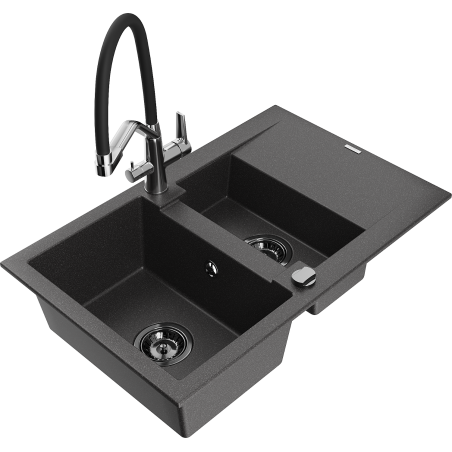 Mexen Gaspar granite sink 1.5-bowl with drainer and Duo kitchen tap, speckled black - 6507-76-671701-07-B