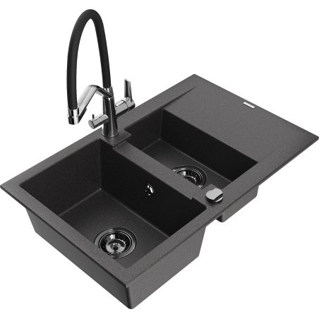 Mexen Gaspar granite sink 1.5-bowl with drainer and kitchen faucet Duo, speckled black - 6507-76-671701-07-B
