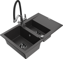 Mexen Gaspar granite sink 1.5-bowl with drainer and kitchen faucet Duo, speckled black - 6507-76-671701-07-B