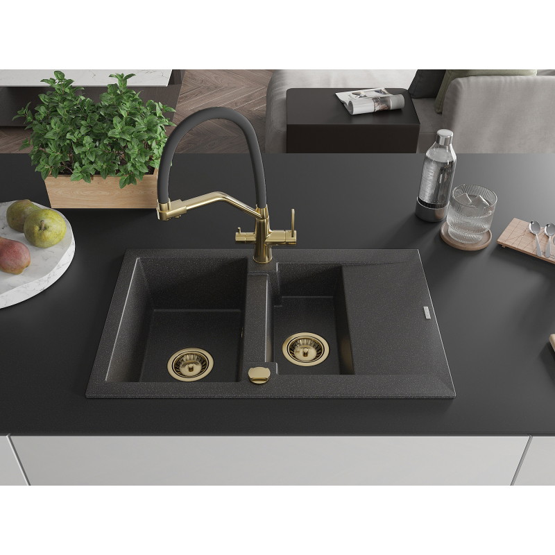 Mexen Gaspar granite sink with 1.5 bowls and drainer, with duo kitchen faucet, speckled black - 6507-76-671701-57-G
