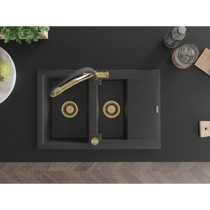 Mexen Gaspar granite sink with 1.5 bowls and drainer, with duo kitchen faucet, speckled black - 6507-76-671701-57-G