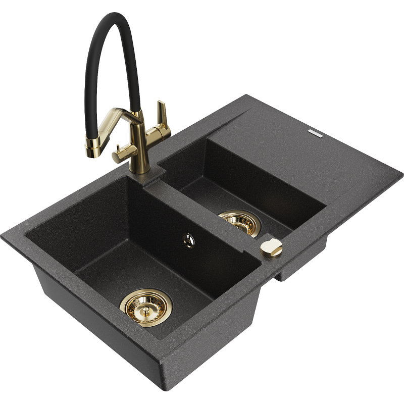 Mexen Gaspar 1.5-compartment granite sink with a drip tray and kitchen mixer tap Duo, Spotted black - 6507-76-671701-57-G