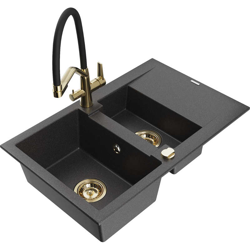 Mexen Gaspar granite sink 1.5-bowl with drainer and Duo kitchen tap, black speckled - 6507-76-671701-57-G