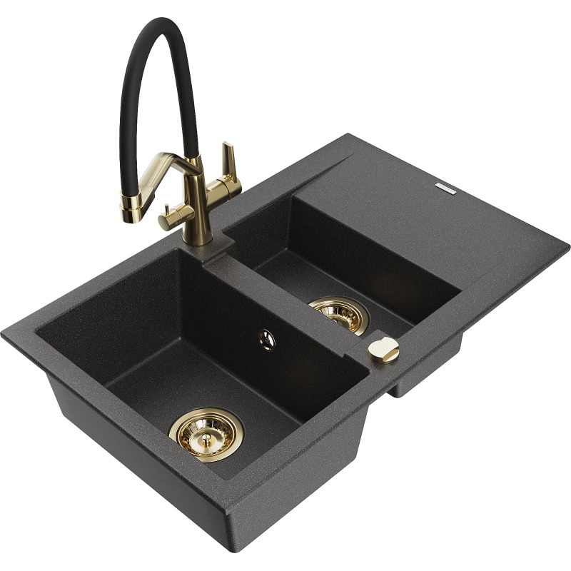 Mexen Gaspar granite sink with 1.5 bowls and drainer, with duo kitchen faucet, speckled black - 6507-76-671701-57-G