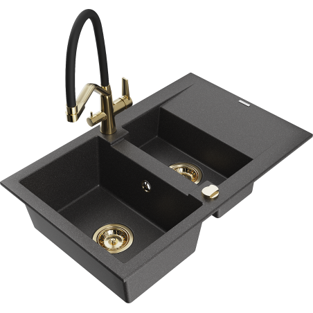 Mexen Gaspar granite sink with 1.5 bowls and drainer, with duo kitchen faucet, speckled black - 6507-76-671701-57-G