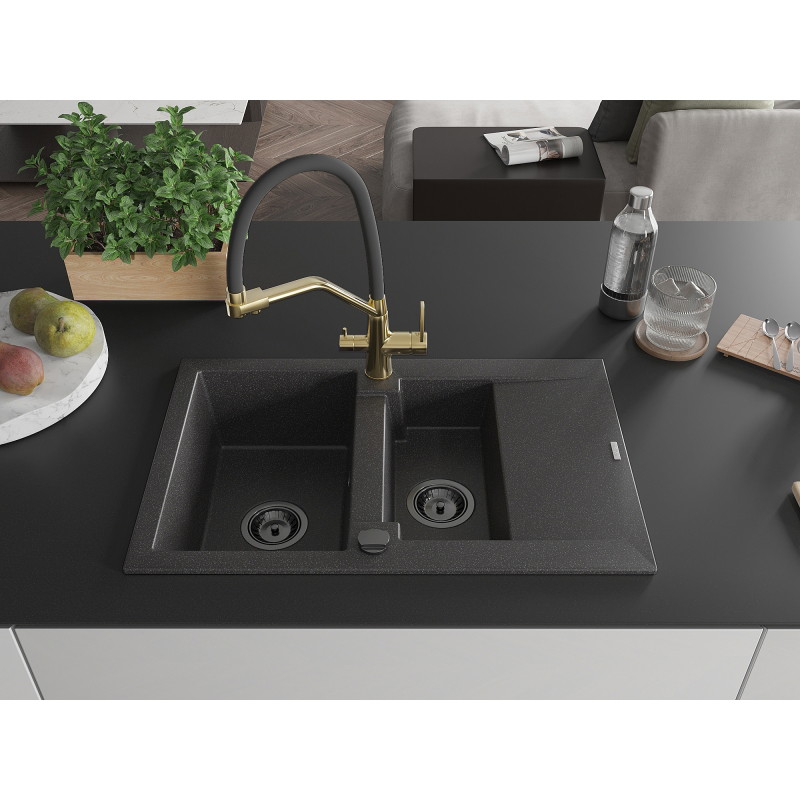 Mexen Gaspar granit sink 1.5-bowl with drainer and Duo kitchen faucet, black speckled - 6507-76-671701-57-B