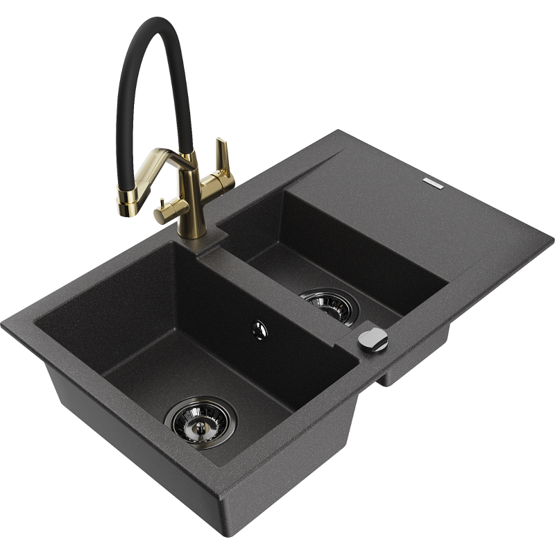 Mexen Gaspar 1.5-bowl granite sink with drainer and Duo kitchen tap, black speckled - 6507-76-671701-57-B