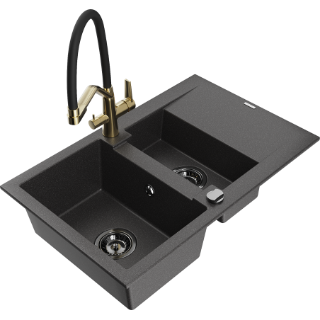 Mexen Gaspar granit sink 1.5-bowl with drainer and Duo kitchen faucet, black speckled - 6507-76-671701-57-B