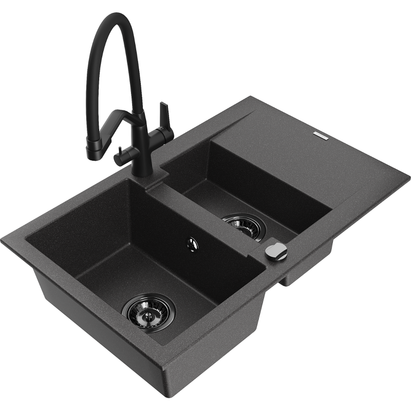 Mexen Gaspar 1.5-compartment granite sink with a drip tray and kitchen mixer tap Duo, Spotted black - 6507-76-671701-70-B