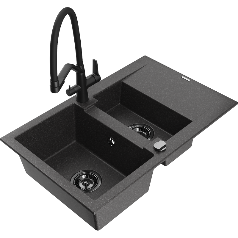Mexen Gaspar granite sink 1.5-bowl with drainer and Duo kitchen tap, speckled black - 6507-76-671701-70-B
