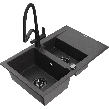Mexen Gaspar 1.5-compartment granite sink with a drip tray and kitchen mixer tap Duo, Spotted black - 6507-76-671701-70-B