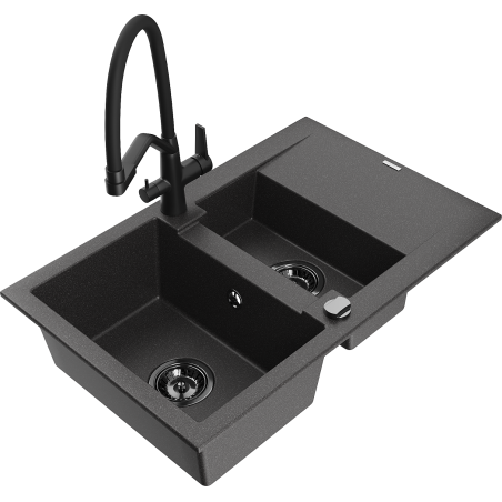 Mexen Gaspar granite sink 1.5-bowl with drainer and Duo kitchen tap, speckled black - 6507-76-671701-70-B