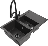 Mexen Gaspar 1.5-compartment granite sink with a drip tray and kitchen mixer tap Duo, Spotted black - 6507-76-671701-70-B