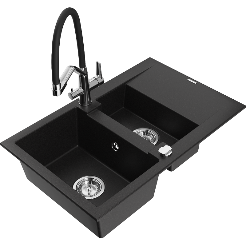 Mexen Gaspar 1.5-compartment granite sink with a drip tray and kitchen mixer tap Duo, Black - 6507-77-671701-07